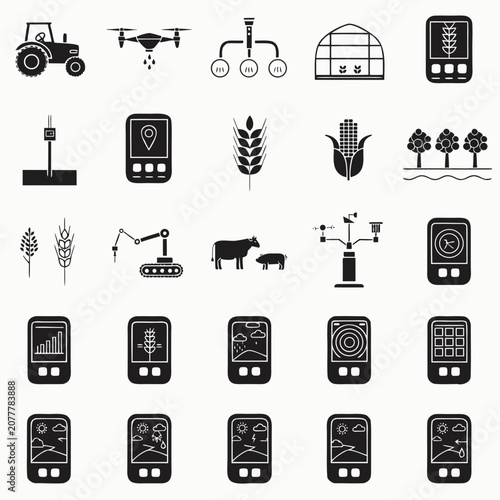 Agricultural technology icons set including tractor drone greenhouse and weather data