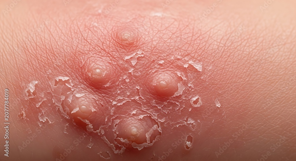 Fototapeta premium Close-up of skin rash with blisters and peeling skin, indicating a dermatological condition.