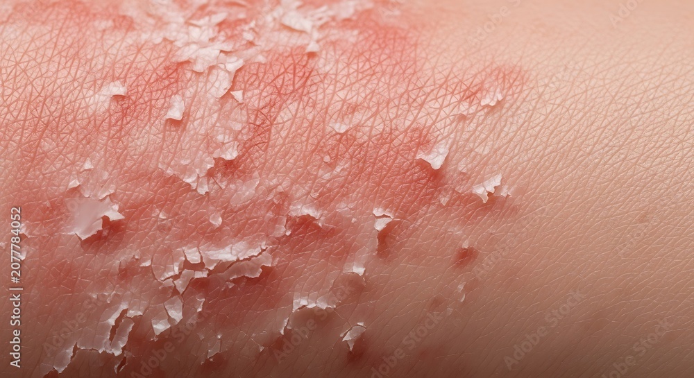 Fototapeta premium Close-up of skin with severe peeling and redness, possibly due to sunburn or a skin condition.