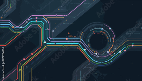 Abstract digital network of colorful glowing lines resembling a futuristic circuit board or data flow visualization on a dark background.