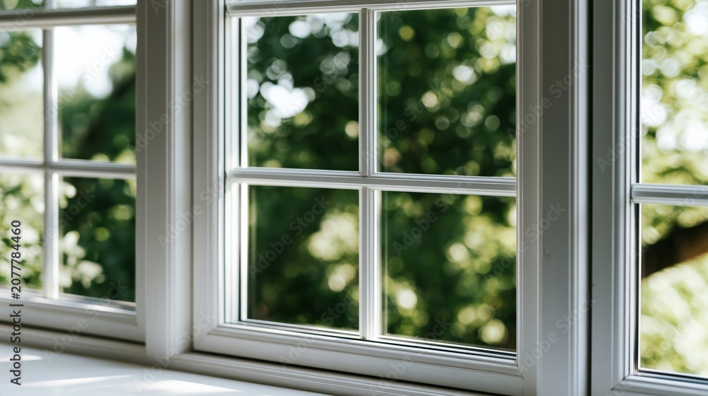 Fototapeta premium White window frame offering green natural view, bright daylight illuminating tranquil indoor space