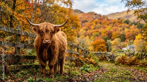 Majestic Highland Cow Grazing in Vibrant Autumn Landscape.