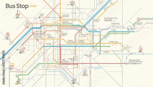 Fényképezés Intricate diagrammatic map illustrating a city's public bus and metro transport network with various routes and stops clearly marked for navigation