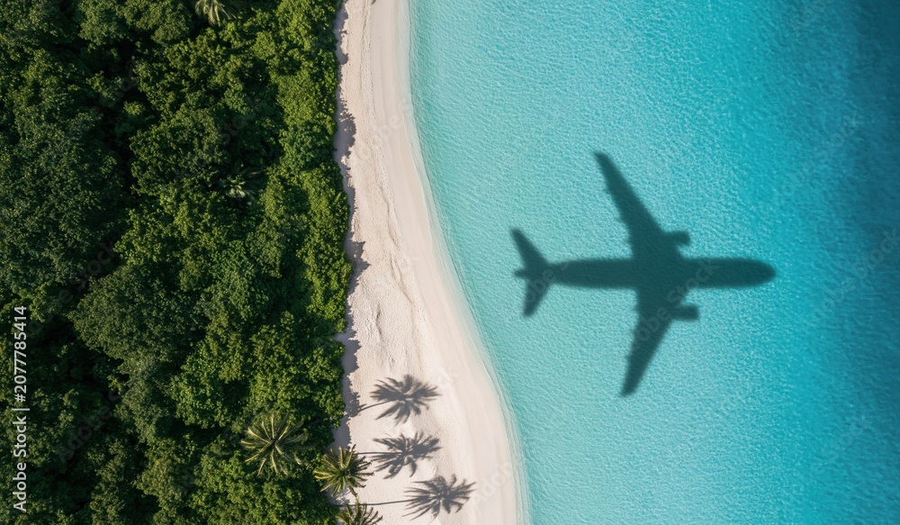 Fototapeta premium Airplane silhouette and plane shadow over a tropical island beach aerial drone