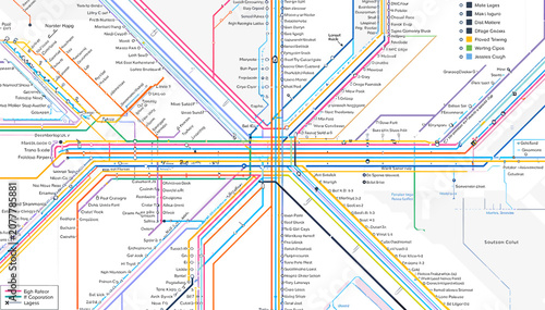 Fotografie A detailed and colorful schematic map illustrating a complex urban public transportation network with numerous intersecting lines and station names