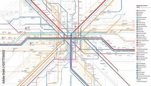 Foto A detailed, colorful diagram of a complex urban subway and metro network map, showing multiple intersecting lines and stations