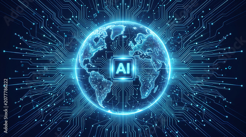 A futuristic glowing AI microprocessor chip in the center with the text 'AI'. Ai futuristic digital globe covered in glowing blue data streams and network node