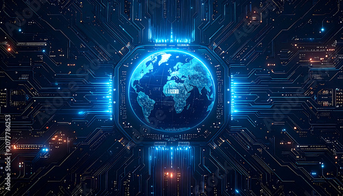 A futuristic glowing AI microprocessor chip in the center with the text 'AI'. Ai futuristic digital globe covered in glowing blue data streams and network node