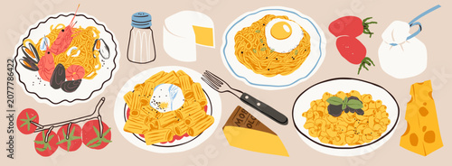 Set of various plates of Pasta, Cheese. Different types, shapes. Pasta with egg, burrata, sea food, truffle. Hand drawn trendy Vector illustration. Isolated design elements. Cafe, restaurant concept