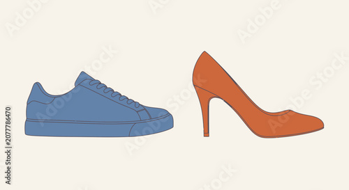 Blue Sneaker and Orange High Heel Shoe Comparison.