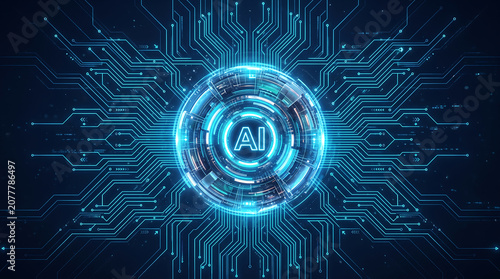A futuristic glowing AI microprocessor chip in the center with the text 'AI'. Ai futuristic digital globe covered in glowing blue data streams and network node