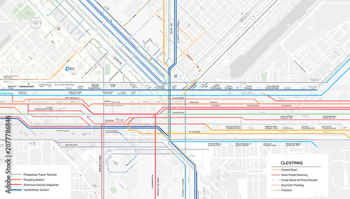 Detailed urban transportation network map with multiple colored routes and a legend, illustrating complex city infrastructure.