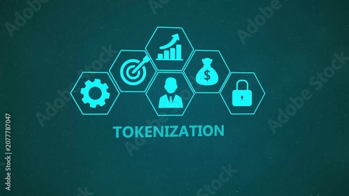 Tokenization Technology Infographic Animation with Digital Security Icons and Enterprise Blockchain Network on Dark Background 4k visuals