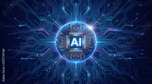 A futuristic glowing AI microprocessor chip in the center with the text 'AI'. Ai futuristic digital globe covered in glowing blue data streams and network node