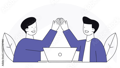 Photography Two businessmen highfiving over a laptop in a modern office setting