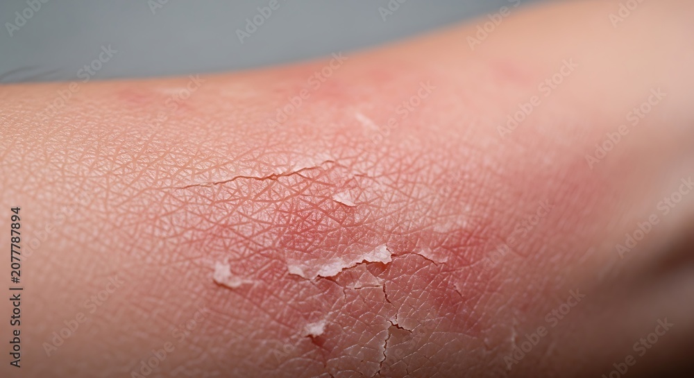 Fototapeta premium Close-up of peeling skin on an arm, showing a sunburn or skin irritation.