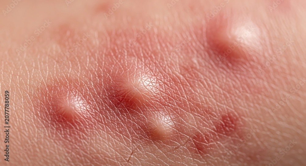 Fototapeta premium Close-up of skin with multiple red, inflamed bumps and whiteheads, indicating an acne breakout or similar skin condition.