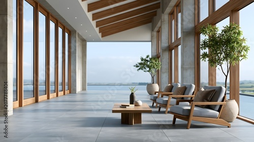 Modern tropical architecture with floor to ceiling glass overlooking peaceful rice fields, cozy seating arranged on right side, spacious empty area on left for branding, ultra realistic photography