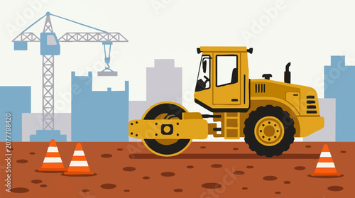 Slika na platnu Construction site with road roller, tower crane, and traffic cones