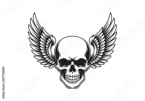 Winged Skull Emblem Vector Illustration, Biker Tattoo Style Badge Logo Design