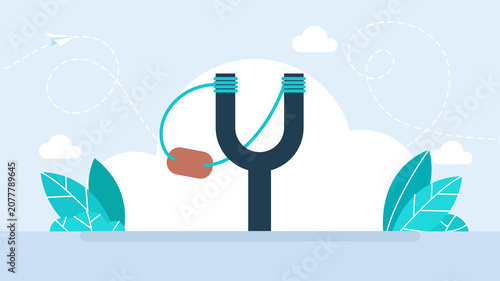 Classic wooden slingshot toy as a symbol of business startup launch, dynamic financial target achievement, childhood play game weapon and project acceleration concept. Flat illustration.