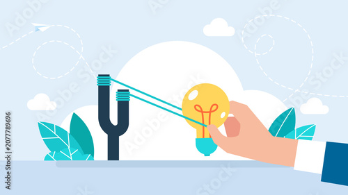 Giant human hand pulling a glowing lightbulb with a big slingshot to launch a creative idea, representing project acceleration and bright startup innovation. Flat  illustration.
