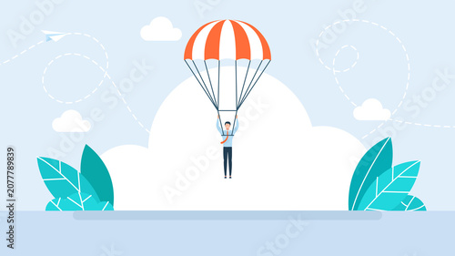 Successful businessman flying down with a striped parachute, representing financial safety, risk management, crisis survival and smart business investment protection. Flat illustration.
