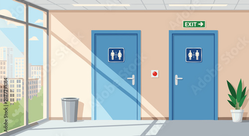 Modern Office Corridor Restroom Entrance Vector Illustration Design for Commercial Building Interior Layout and Wayfinding Signage Concepts