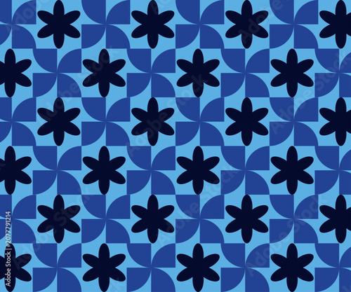 A sophisticated seamless pattern featuring dark blue floral star motifs arranged on a geometric light blue grid. This design offers a modern and professional look suitable for corporate branding 