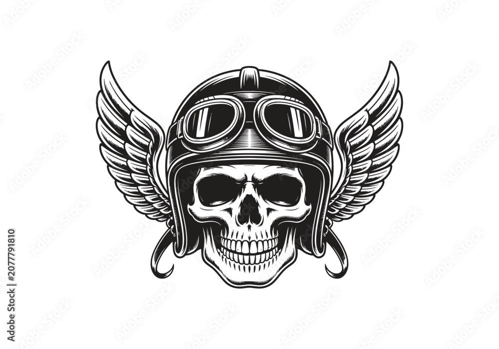 Fototapeta premium Winged Skull Helmet with Goggles Emblem, Biker Badge Tattoo Style Vector Illustration