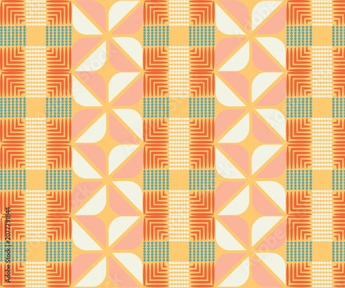 A seamless vector pattern featuring retro mid-century modern geometric shapes in a vibrant color scheme of orange pink and cream. The design includes repeating abstract elements and grid motifs 