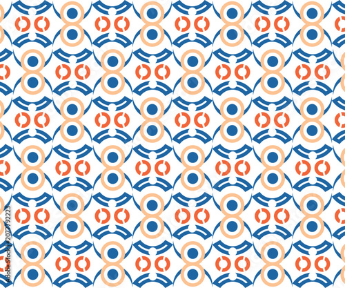 A contemporary seamless vector pattern featuring blue and orange circular geometric shapes. This bold modern design is perfect for corporate branding web backgrounds or fashion-forward textile prints.