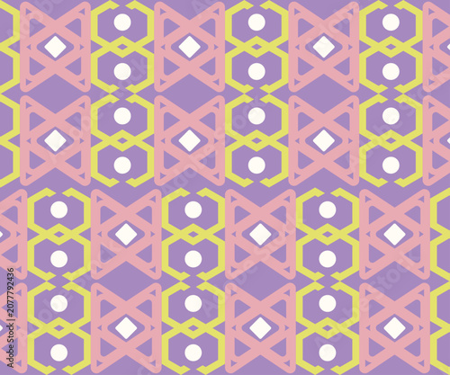 A striking abstract seamless vector pattern featuring purple and yellow geometric grids stars and circular accents. This bold modern design is perfect for artistic projects modern interiors or vibrant