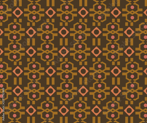 A rich vintage-inspired seamless vector pattern featuring brown and terracotta hexagonal and circular motifs. This classic design is perfect for home decor traditional branding or textured backgrounds