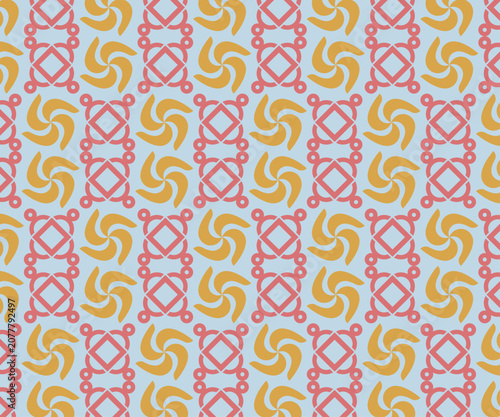 A light and airy seamless vector pattern featuring soft blue and coral geometric swirls and circular motifs. This calming modern design is perfect for baby products feminine branding or light-hearted 