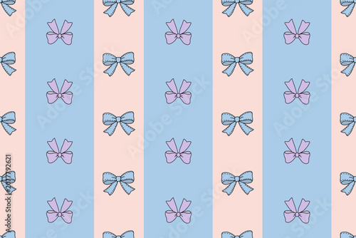 Cute Pastel Bow Seamless Pattern with Hand Drawn Ribbons on Striped Background 
