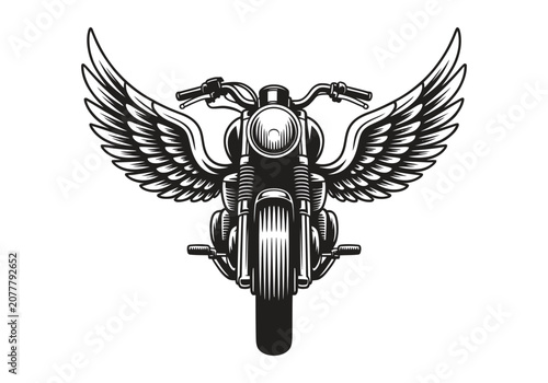 Winged motorcycle front view vector illustration, biker emblem logo design, speed and freedom concept