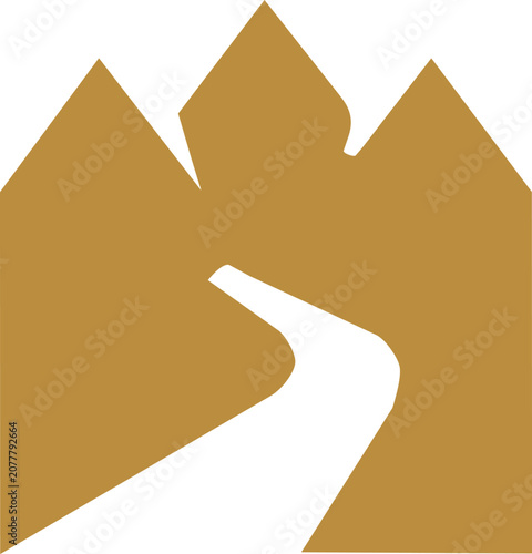 Abstract golden mountain peak with winding path icon