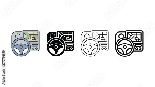 Four different line style icons of steering wheels with GPS navigation systems