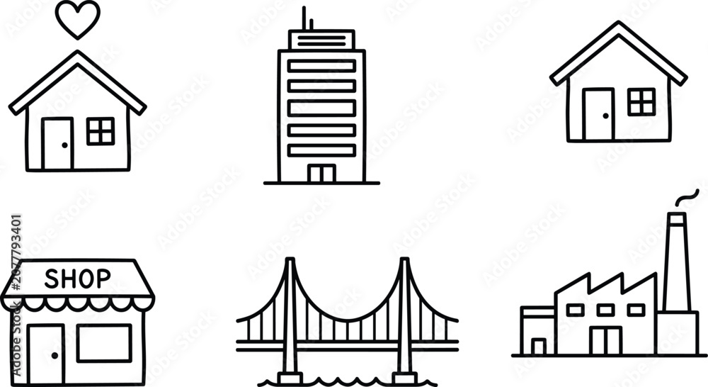 Fototapeta premium Building icons vector illustration with house, office, shop, bridge, and factory in urban architecture design