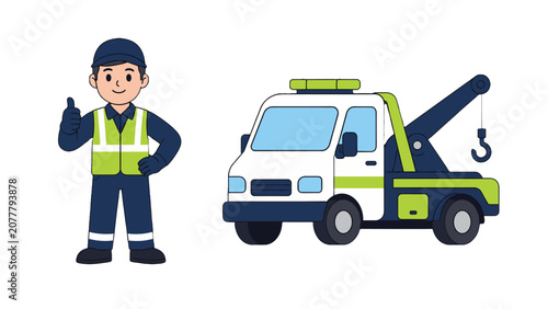 Fotografie Roadside service worker and tow truck vector illustration