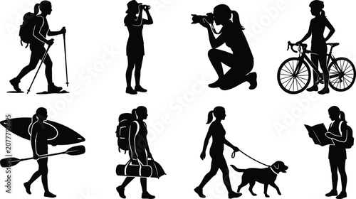 Outdoor adventure woman silhouettes set featuring female hiking cycling kayaking taking photos camping and walking dog in nature