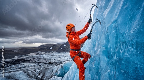 Female ice climber striking a blue glacier wall in iceland with ice shards spraying