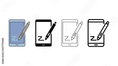 Foto Smartphones with stylus pens on screens in different colors and styles side by s