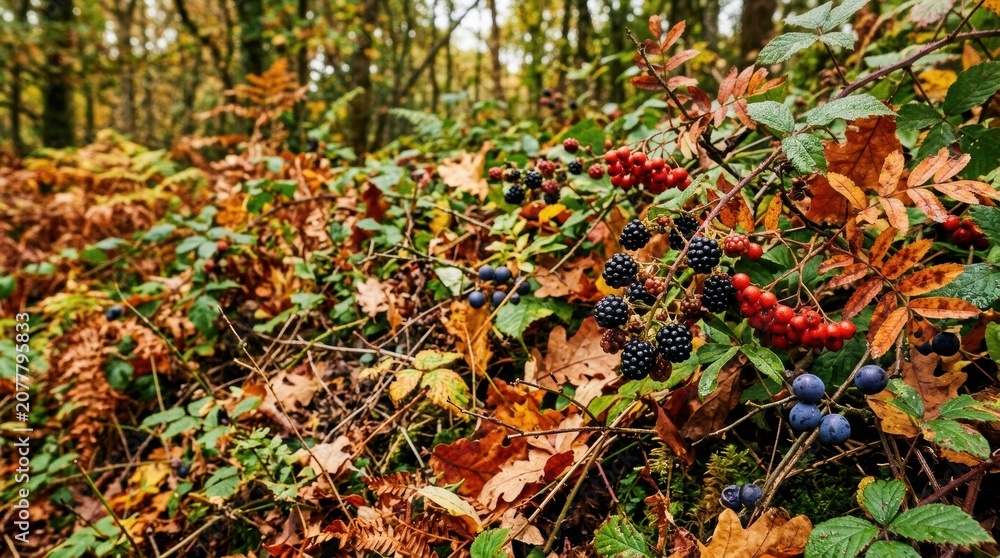 Fototapeta premium Colorful Autumn Forest Floor with Fallen Leaves and Berries.