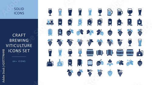 Bild auf Leinwand Craft brewing and viticulture flat solid vector icon set featuring beer mug, win