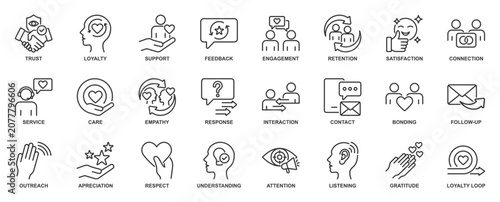 Customer relationship icon set in outline style. Icon pack contain communication, support, loyalty, engagement, feedback, partnership, and customer service icons.