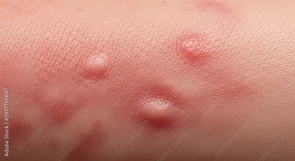 Fototapeta premium Close-up of red, inflamed skin with multiple small, raised bumps, possibly insect bites or an allergic reaction.
