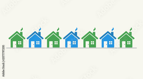 A row of colorful simple house icons arranged in a straight line