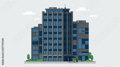A modern office building stands tall against a clear sky in a flat vector style